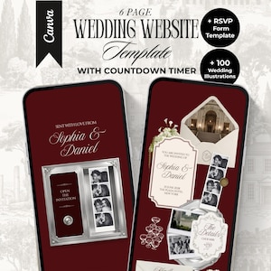 Plantilla de sitio web de boda con fotomatón color burdeos, temporizador de cuenta regresiva, formulario RSVP, elegante sitio web editable de estilo clásico para bodas (Canva), invitación digital.