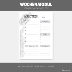 May include: A white printable weekly planner with the title "WOCHENMODUL" at the top. The design includes a gear graphic on the left side and sections for daily planning, focus, and analysis. The text "SOFORT-DOWNLOAD . PDF" is at the top.