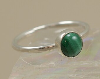 Dainty Malachite Ring - Size 6 - Sterling Silver Bezel Setting - Hammered Band