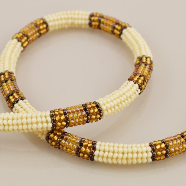 Ndebele Stitch Beadwork Necklace - Ivory, Gold, and Bronze