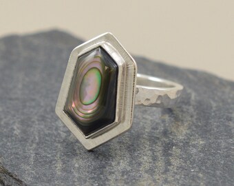 Iridescent Abalone Ring - Size 6 - Hexagonal Cabochon - Sterling Silver Bezel Setting - Hammered Band