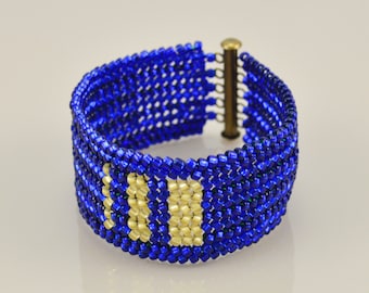 Blue and Gold Beaded Bracelet - Ndebele Stitch Beadwork Cuff - Glass Seed Beads