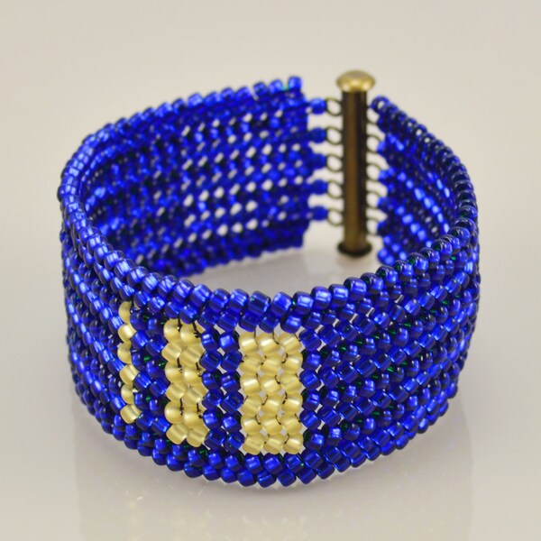 Blue and Gold Beaded Bracelet - Ndebele Stitch Beadwork Cuff - Glass Seed Beads