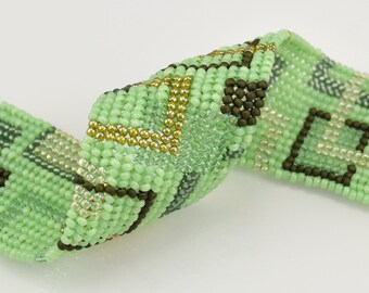 Mod Green Rectangles Bracelet - Ndebele Stitch Beadwork Cuff
