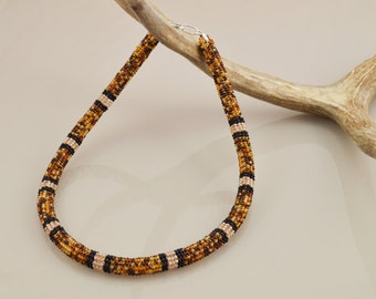 Tortoise Shell Ndebele Stitch Beadwork Necklace - Warm Brown, Black, and Copper