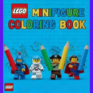 May include: A LEGO Minifigure Coloring Book with four LEGO minifigure characters holding large colored pencils. The cover is blue with the LEGO logo and the words "MINIFIGURE COLORING BOOK" in red and yellow.