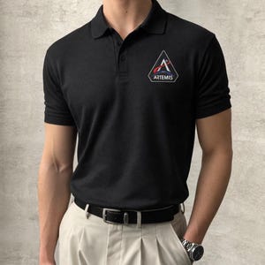 Embroidered Artemis II Mission Polo Shirt, Space Program Logo Polo, Moon Mission Collared Shirt, NASA Inspired Black Polo