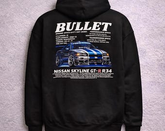 Skyline R34 Hoodie – Nissan GTR Graphic Hoodie, JDM Car Hoodie, R34 Specs Hoodie, Streetwear Car Enthusiast Hoodie