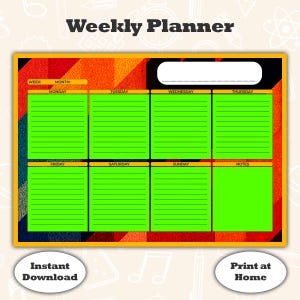 Peut inclure: Un modèle de planning hebdomadaire avec un fond géométrique orange, rouge et noir. Il comprend un en-tête Weekly Planner, un champ de texte vide et huit sections vert vif pour les jours de la semaine et les notes.