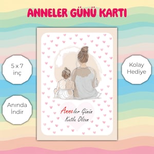 Anneler Günü Kartı Dijital, Anne ve Kız Suluboya Tasarım, Şık ve Anlamlı Anne Hediyesi, Anneler Gününe Özel Çizim, Anında İndirme