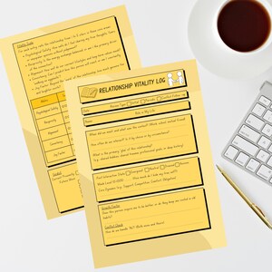 May include: Two yellow Relationship Vitality Log sheets with text, a cup of coffee, a pen, and a keyboard. The logs have sections for metrics, review type, and conflict check. The text includes questions about relationships.