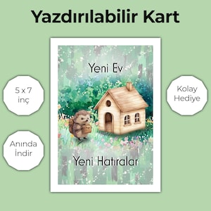 Türkçe Ev Tebrik Kartı, Hayırlı Olsun Hediyesi, Suluboya Ev Dekorasyonu, Sevimli Kirpi Modern Ev Hediye, İlk Ev Hatıra 5x7 inç Dijital Kart