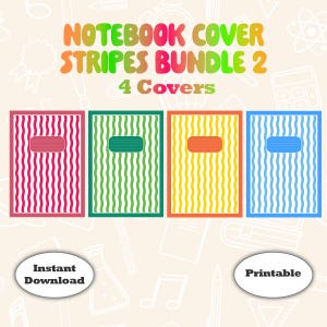 Peut inclure: Image numérique de quatre couvertures de cahiers à rayures verticales rouges, vertes, jaunes et bleues. Chaque couverture a un rectangle de couleur unie. Le texte "NOTEBOOK COVER STRIPES BUNDLE 2" est en haut.
