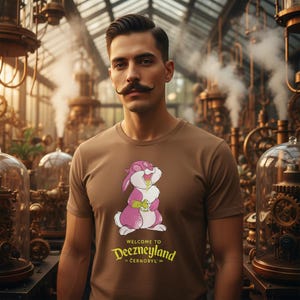 Puede incluir: Camiseta marrón con un diseño de conejo de dibujos animados con un sombrero rosa y líquido verde. El texto "WELCOME TO Deezneyland is Chernobyl" está impreso debajo. La persona lleva un bigote.