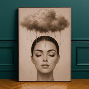 May include: A sepia-toned wall art print featuring a portrait of a person with closed eyes. A dark, textured cloud hovers above the head, with rain droplets falling down over the face, blending with tear-like drops on the cheeks and chin.