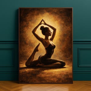 May include: A framed artwork depicts a person in a yoga pose, set against a warm, golden-toned background. The figure is in a dark outfit, with arms raised in a triangle shape. The artwork is displayed on a wall with a teal color.