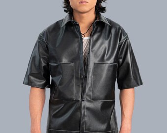 Faux Leather Short Sleeve Shirt | Urban Streetwear, White Stitching, Large Pockets