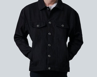 Mens Black Denim Trucker Jacket | 100% Cotton | Western Style Button Up