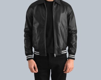 Men's Black Leather Varsity Jacket | Ribbed Cuff and Waistband Bomber Jacket