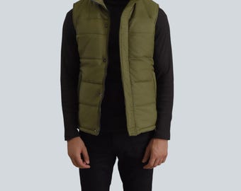 Handcrafted Men's Olive Green Puffer Vest | Nylon Quilted Sleeveless Jacket