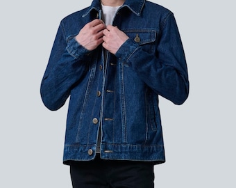 Mens Dark Blue Denim Trucker Jacket | 100% Cotton | Western Style Button Up