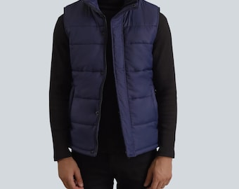 Handcrafted Men's Navy Blue Puffer Vest | Nylon Quilted Sleeveless Jacket