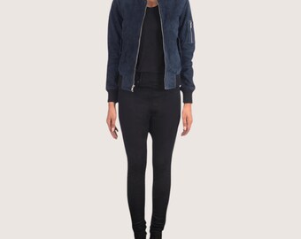 Handmade Women's Blue Suede Bomber Jacket | Leather MA-1 Flight Jackets | Minimalist Streetwear Coat