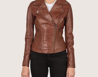 Handmade Women's Brown Leather Biker Jacket | Slim Fit Moto Style Jacket
