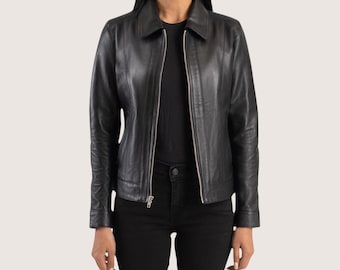 Women's Black Classic Collar Leather Jacket | Slimfit Style | Gift for Her.