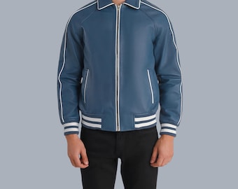 Handmade Leather Men's Ribbed Bomber Jacket | Custom Letterman Style Outerwear