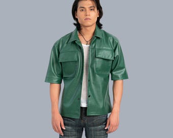 Handmade Faux Leather Short Sleeve Shirt | Cargo Streetwear Button Up Top,