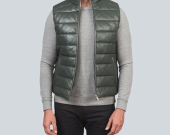Green Men's Sheep Leather Puffer Vest | Handcrafted Puffer Waistcoat