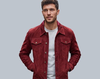 Handmade Men's Burgundy Denim Style Suede Jacket | Western Style Button Up Motor Cycle Outerwear