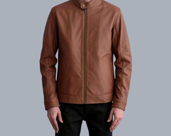 Handgefertigte Herren Cafe Racer Lederjacke | Minimalistischer Slim Fit Style Bikermantel | Geschenk zum Vatertag