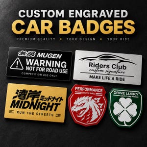 May include: Five custom engraved car badges in various shapes and colours. One black rectangular badge reads MUGEN WARNING NOT FOR ROAD USE. A silver rectangular badge features a car outline and Riders Club text. A gold badge reads MIDNIGHT.