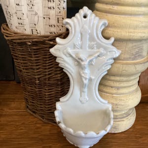 Antique Holy Water Font Porcelain Jesus on the Cross 1900’s wall mounted white religious Jesus Christ memorabilia