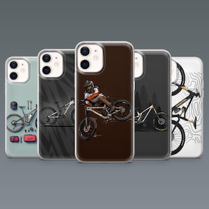 May include: A set of five phone cases with mountain bike illustrations. The cases display images of bicycles, including a rider in action, and bike tools. The cases have a clear border and a range of background colours, such as brown, grey, and white.