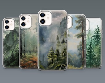 May include: A collection of five clear phone cases, each featuring a different landscape painting. The artwork depicts forest scenes with trees, mountains, and misty backgrounds in shades of green, brown, and blue. The cases are designed for a smartphone.