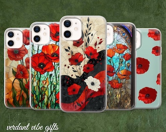 Poppy Flower Stained Glass Phone Case Red Poppies Wildflower Floral Artful Retro Case Gift iPhone 17 16 15 14 13 Pro Max, Samsung S25 S24Pro