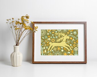 Floral Deer Art Print A3 - Housewarming Gift, Christmas Gift, Green Wall Art, Nursery Decor, Home Decor Idea - Inspired by Lithuania