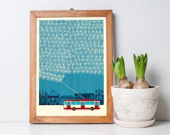Winter Trolleybus Blue Art Print A3, Inspired by Lithuania series