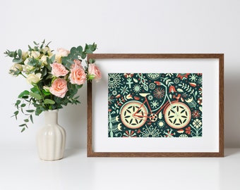 Floral Bicycle Art Print A3 - Housewarming Gift, Christmas Gift, Gifts for Him, Home Decor, Black Wall Art, Wall Art - Inspired by Lithuania