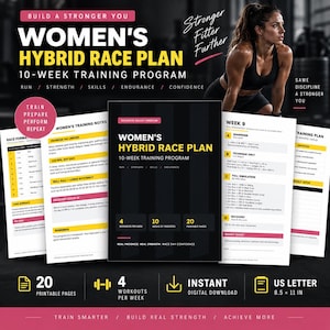 May include: A 10-week hybrid race training program document featuring a black cover with white and yellow text. The program includes 20 printable pages, 4 workouts per week, and is formatted for US Letter 8.5 x 11 inch paper size for digital download.