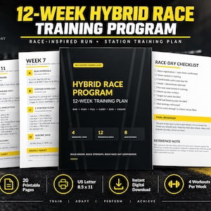 May include: A 12-week hybrid race training program document set with black and white pages featuring yellow text accents. The pages include a race-day checklist, weekly training schedules, and program details in US Letter 8.5 x 11 inch format.