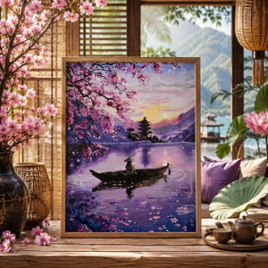 Cherry Blossom Lake Vietnamese Boat Digital Download | Atmospheric Sunset Landscape Printable Wall Art | Travel Nature Print Gift