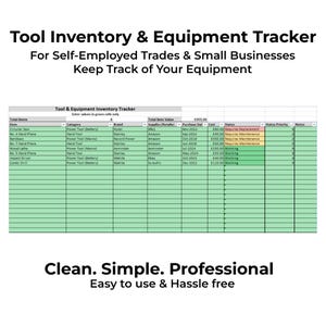 Puede incluir: Una hoja de cálculo titulada "Tool Inventory & Equipment Tracker" con una tabla que enumera herramientas, categorías, marcas y costos. El texto en la parte superior dice "Para autónomos y pequeñas empresas". El texto inferior dice "Clean. Simple. Professional."