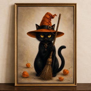 Könnte beinhalten: Ein gerahmter Kunstdruck zeigt eine schwarze Katze mit leuchtend gelben Augen, die einen orangefarbenen Hexenhut und ein dunkles Halsband mit Anhänger trägt. Die Katze hält einen Holzbesen, und kleine orangefarbene Lampionblumen liegen am Boden.