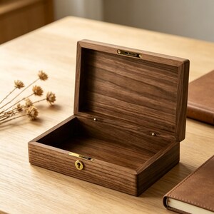 May include: A rectangular wooden box, open to reveal the interior. The box is crafted from dark brown wood, displaying a prominent grain. It features brass-toned hardware, including a latch and keyhole. The box sits on a light wooden surface.