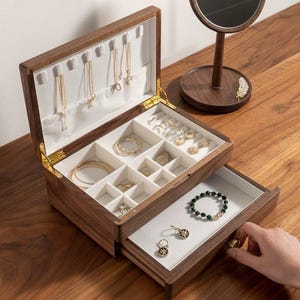Fiona Wooden Jewelry Box with Drawer: Two Tier Organizer for Rings and Necklaces