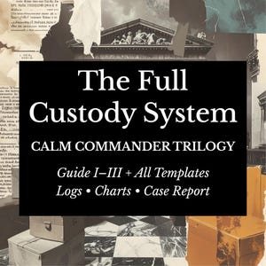 May include: A digital product cover with the title "The Full Custody System" in white text on a black rectangle. The cover includes the text "CALM COMMANDER TRILOGY" and "Guide I-III + All Templates, Logs, Charts, Case Report". The background features architectural elements and aged paper.